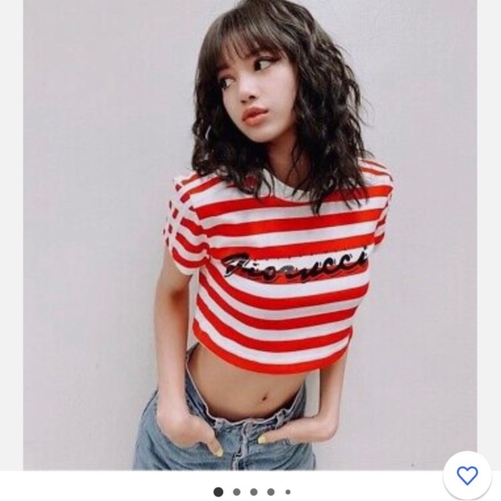 ADIDAS ORIGINALS X FIORUCCI RED WHITE BLACK LOGO CROPPED SHIRT BLACKPINK LISA